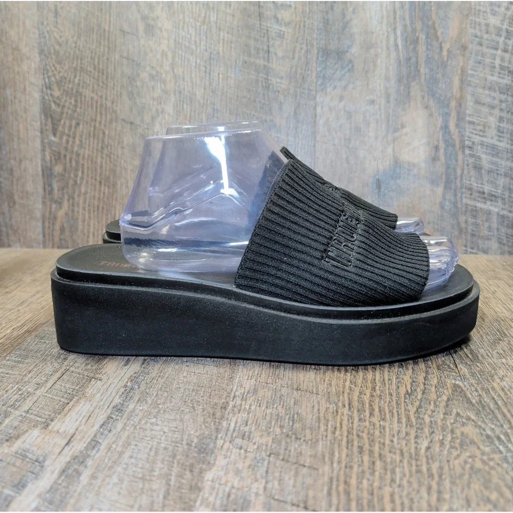 True Religion Jann Black Slip On Platform Open Toe Sandals Womens Size 8